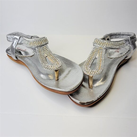 SILVER Sandals Size 7 Rhinestones Adjustable Strap Toe Post Beach Womens Sandals - Picture 2 of 13